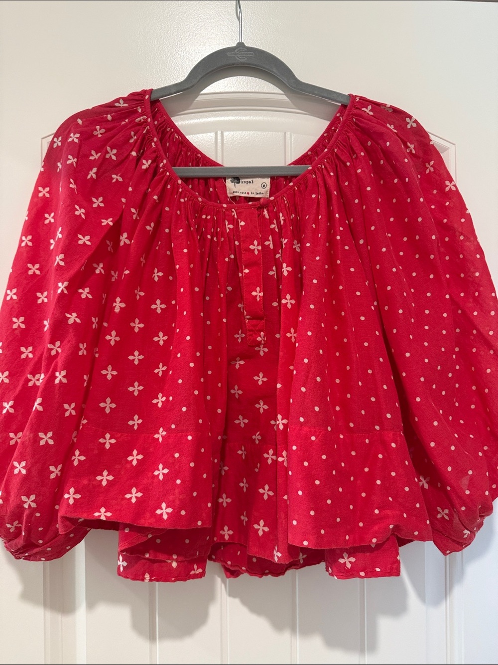 Kopal Red Floral Polka Dot Balloon Sleeve Peasant Top